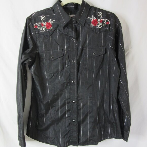 Roper Vintage Western Shirt Snap Black Silver Metallic Stripes Roses Size Medium - Picture 2 of 12